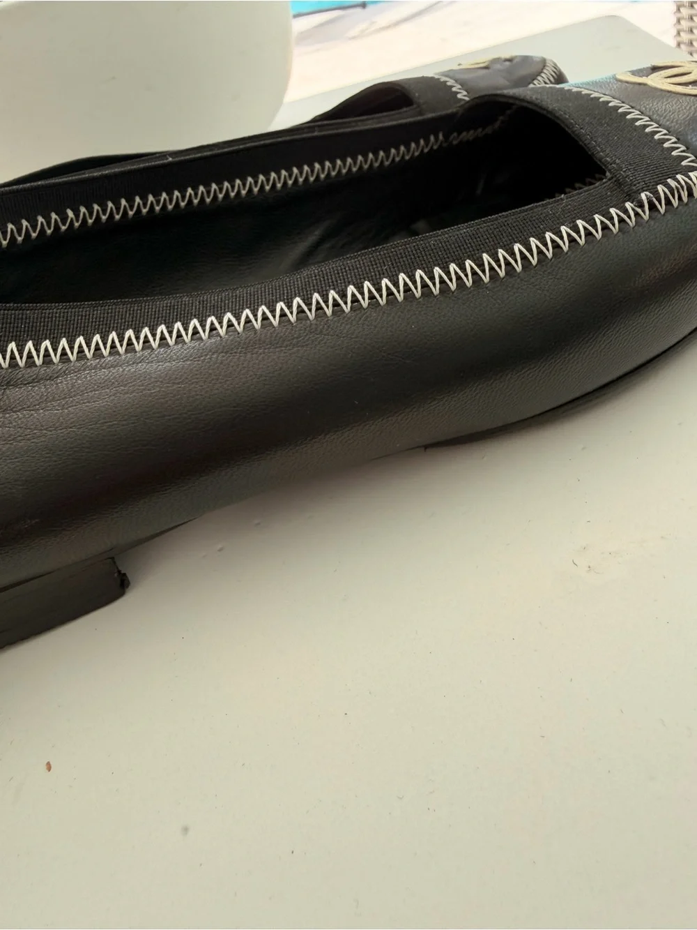 CHANEL Black Leather CC Logo Slip-On Ballet Flats